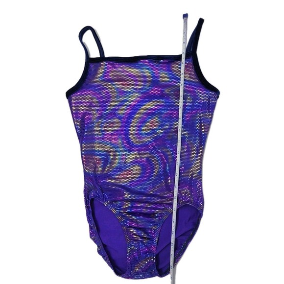 GK Elite VTG Purple Pixelated Swirl Camisole Leotard Velvet Trim Size AM Adult M - Picture 15 of 16